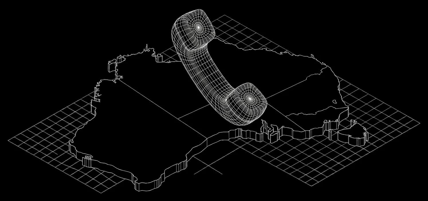 Isometric wireframe of a phone handset resting on a minimal outline of Australia